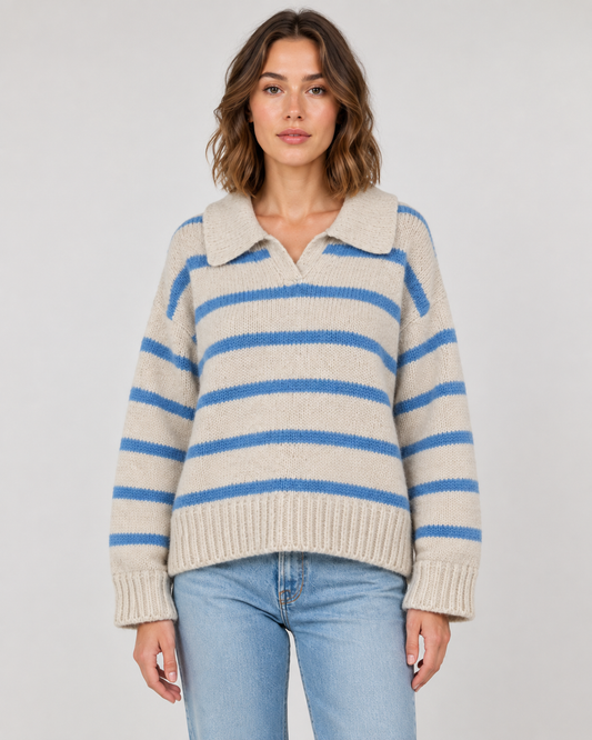 Women's Striped Polo Collar Sweater - Relaxed Fit