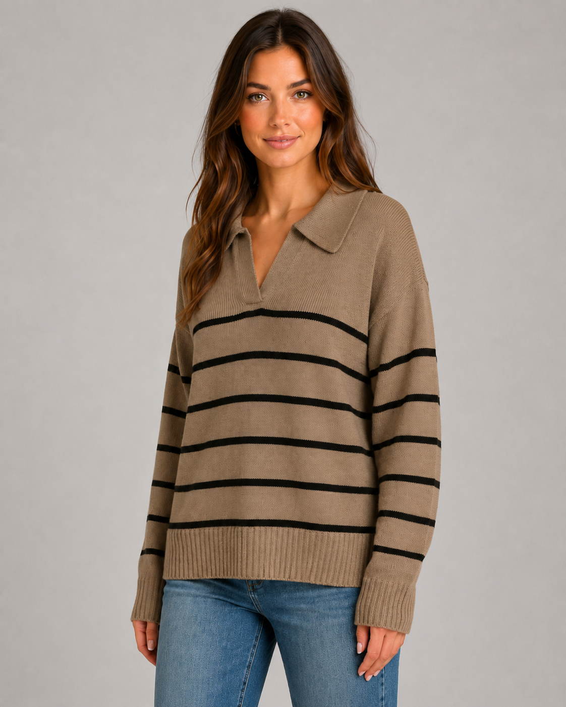 Women's Striped Polo Sweater - Open Collar Knit