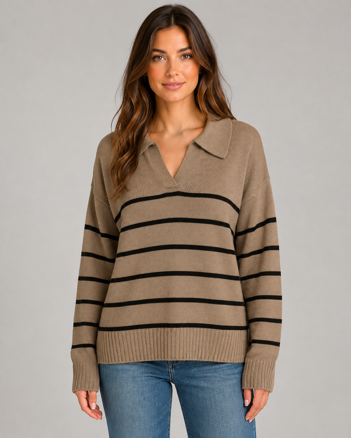 Women's Striped Polo Sweater - Open Collar Knit