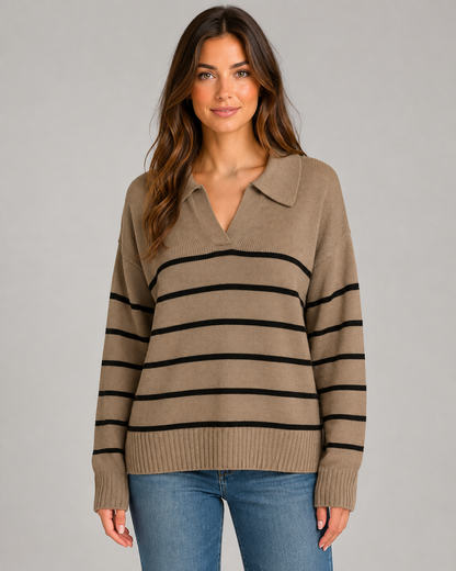 Women's Striped Polo Sweater - Open Collar Knit