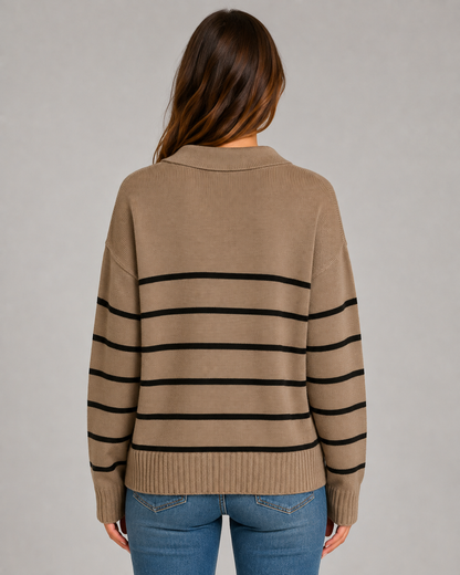 Women's Striped Polo Sweater - Open Collar Knit