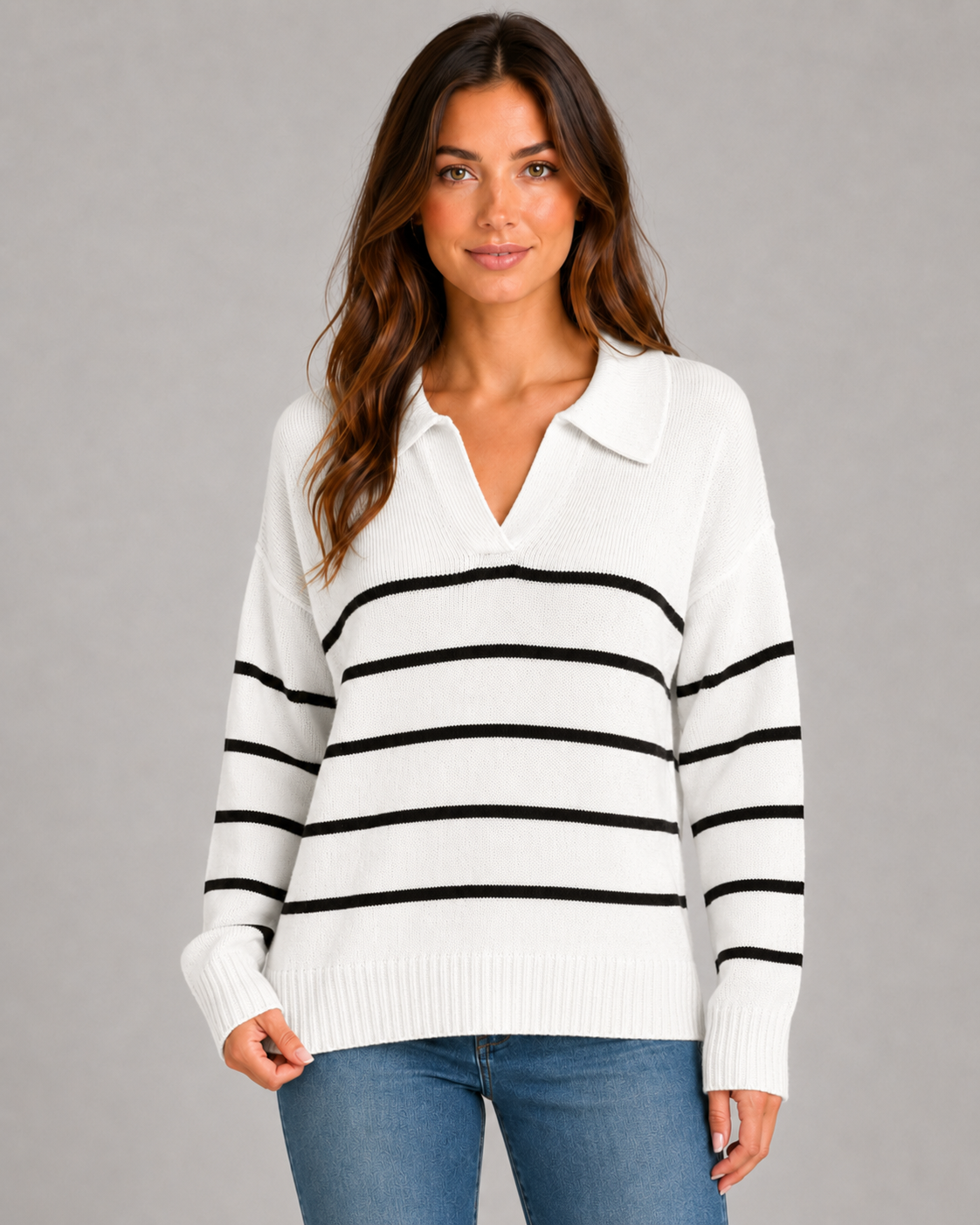 Women's Striped Polo Sweater - Open Collar Knit