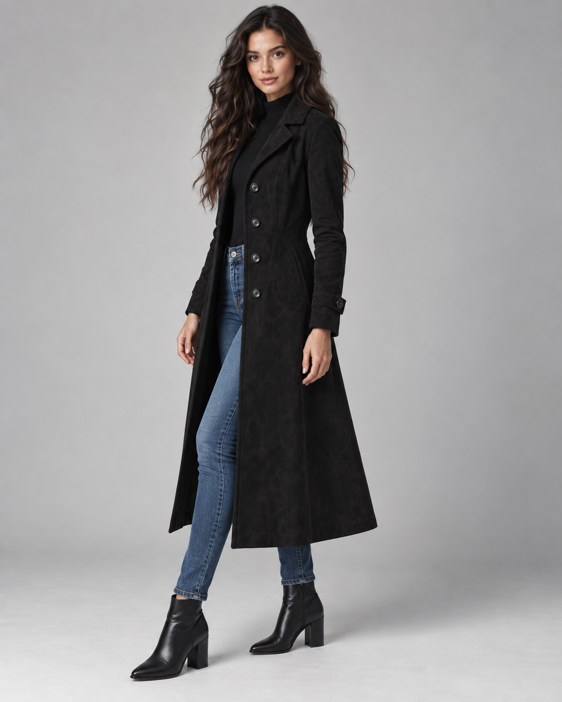 Women's Suede Coat - Long Tailored Notched Lapel Button Front