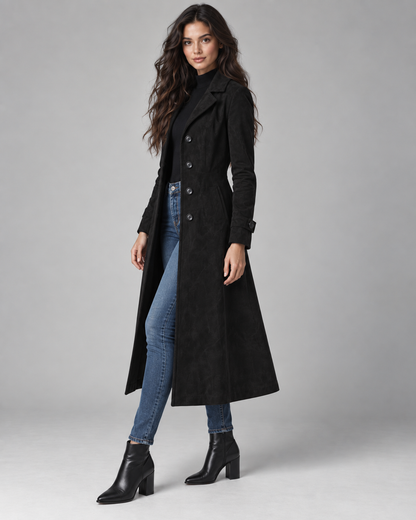 Women's Suede Coat - Long Tailored Notched Lapel Button Front