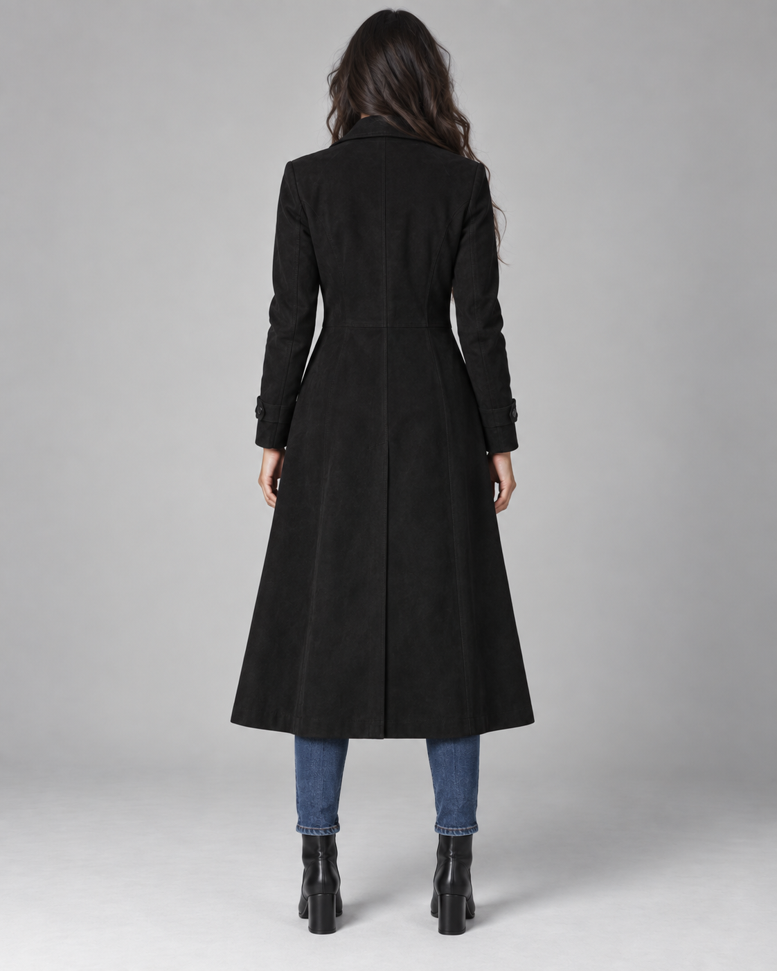Women's Suede Coat - Long Tailored Notched Lapel Button Front