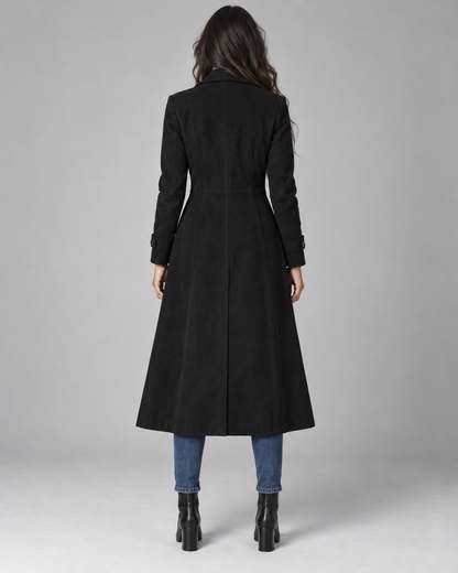 Women's Suede Coat - Long Tailored Notched Lapel Button Front
