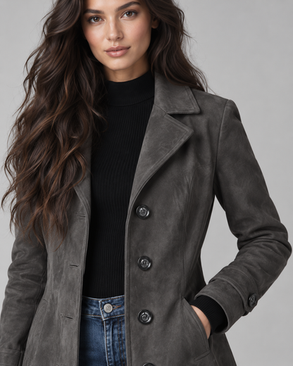 Women's Suede Coat - Long Tailored Notched Lapel Button Front
