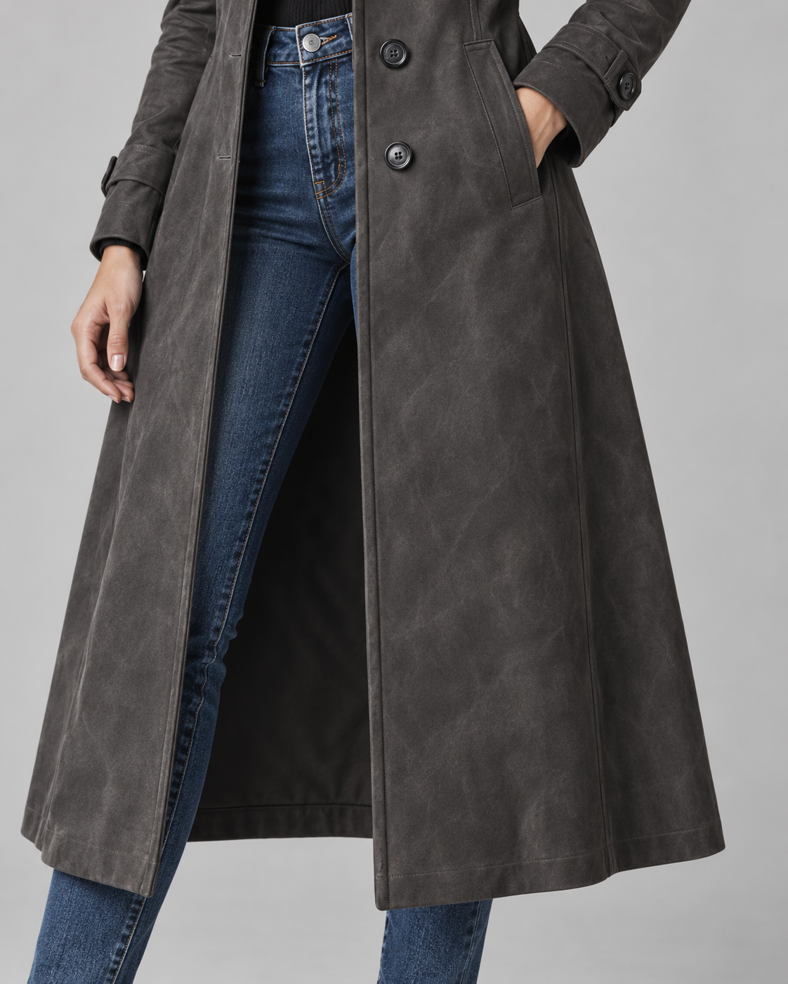 Women's Suede Coat - Long Tailored Notched Lapel Button Front