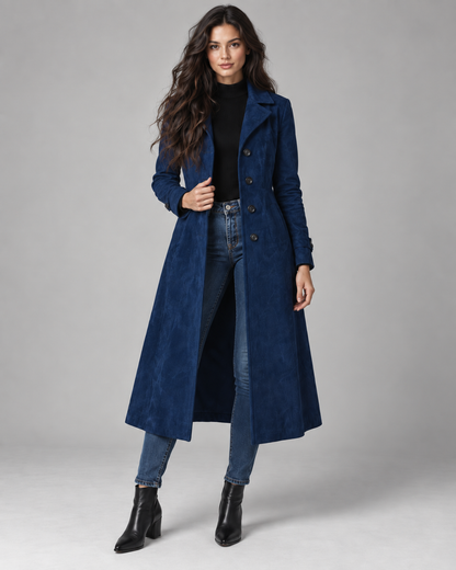 Women's Suede Coat - Long Tailored Notched Lapel Button Front