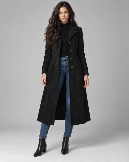 Women's Suede Coat - Long Tailored Notched Lapel Button Front
