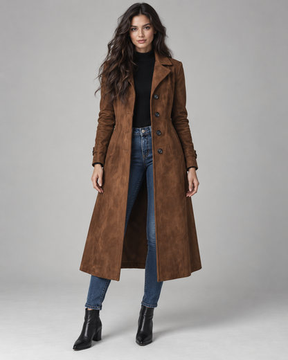 Women's Suede Coat - Long Tailored Notched Lapel Button Front