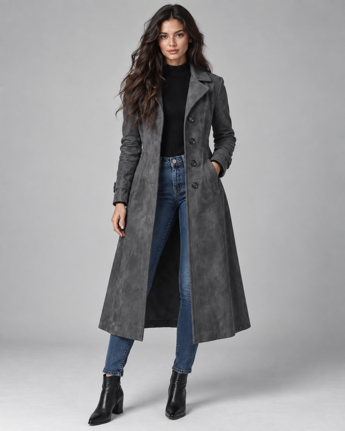 Women's Suede Coat - Long Tailored Notched Lapel Button Front