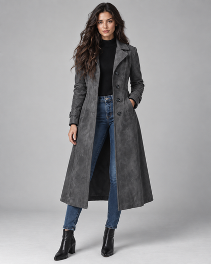 Women's Suede Coat - Long Tailored Notched Lapel Button Front