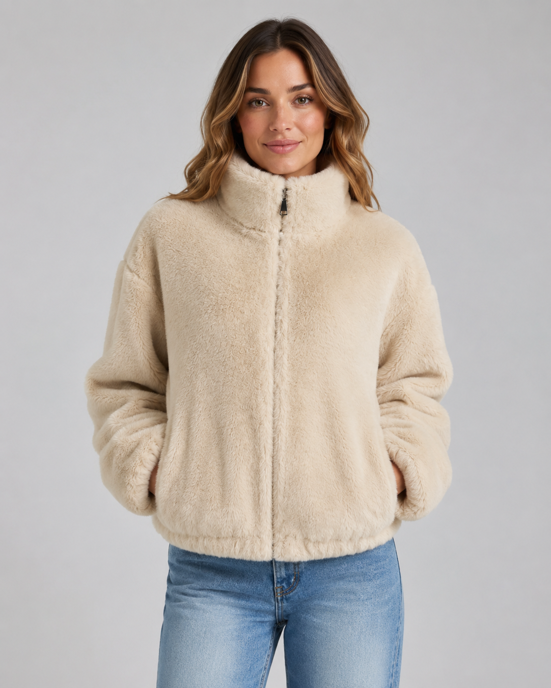 Women's Teddy Fleece Jacket - Cropped Funnel Neck Zip Up