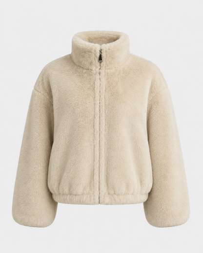 Women's Teddy Fleece Jacket - Cropped Funnel Neck Zip Up