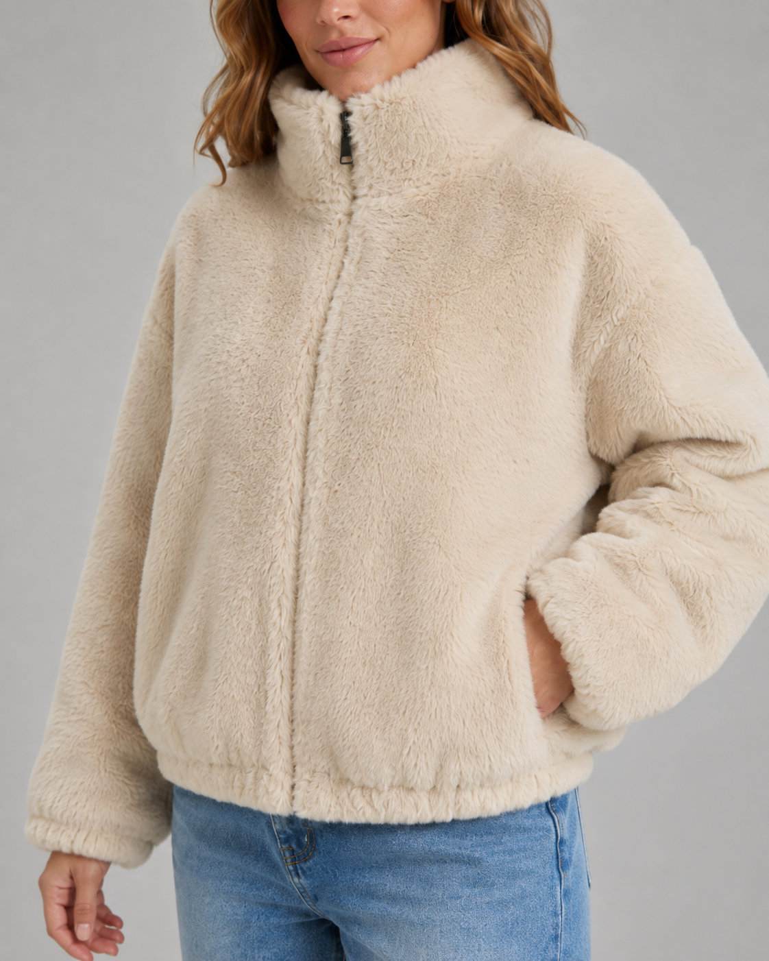 Women's Teddy Fleece Jacket - Cropped Funnel Neck Zip Up