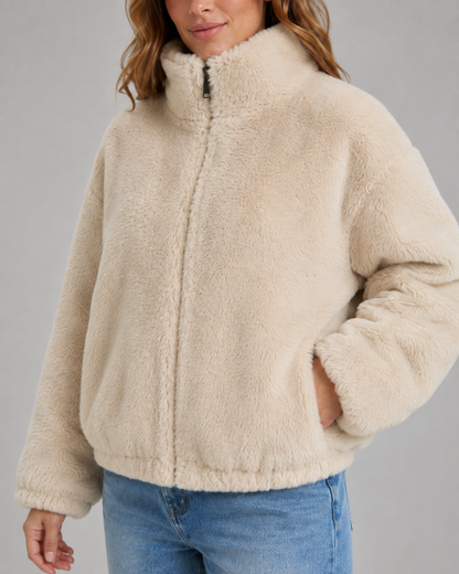 Women's Teddy Fleece Jacket - Cropped Funnel Neck Zip Up