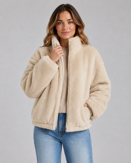 Women's Teddy Fleece Jacket - Cropped Funnel Neck Zip Up