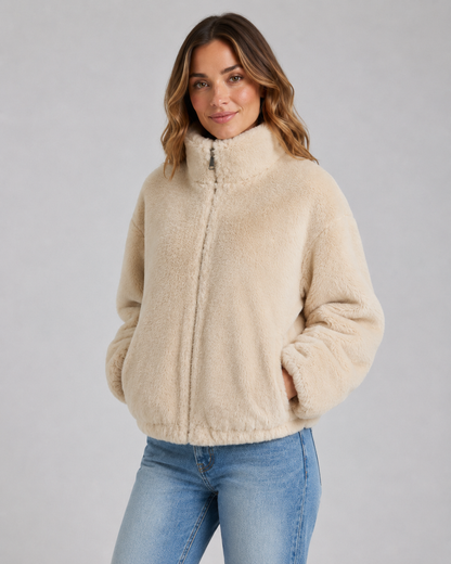 Women's Teddy Fleece Jacket - Cropped Funnel Neck Zip Up