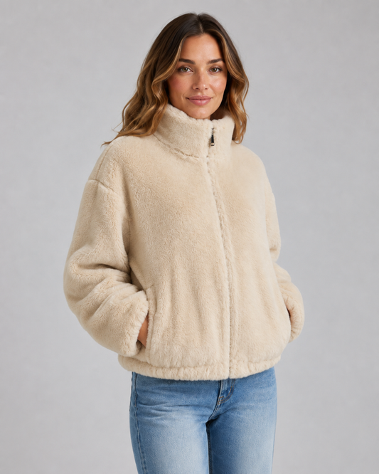 Women's Teddy Fleece Jacket - Cropped Funnel Neck Zip Up