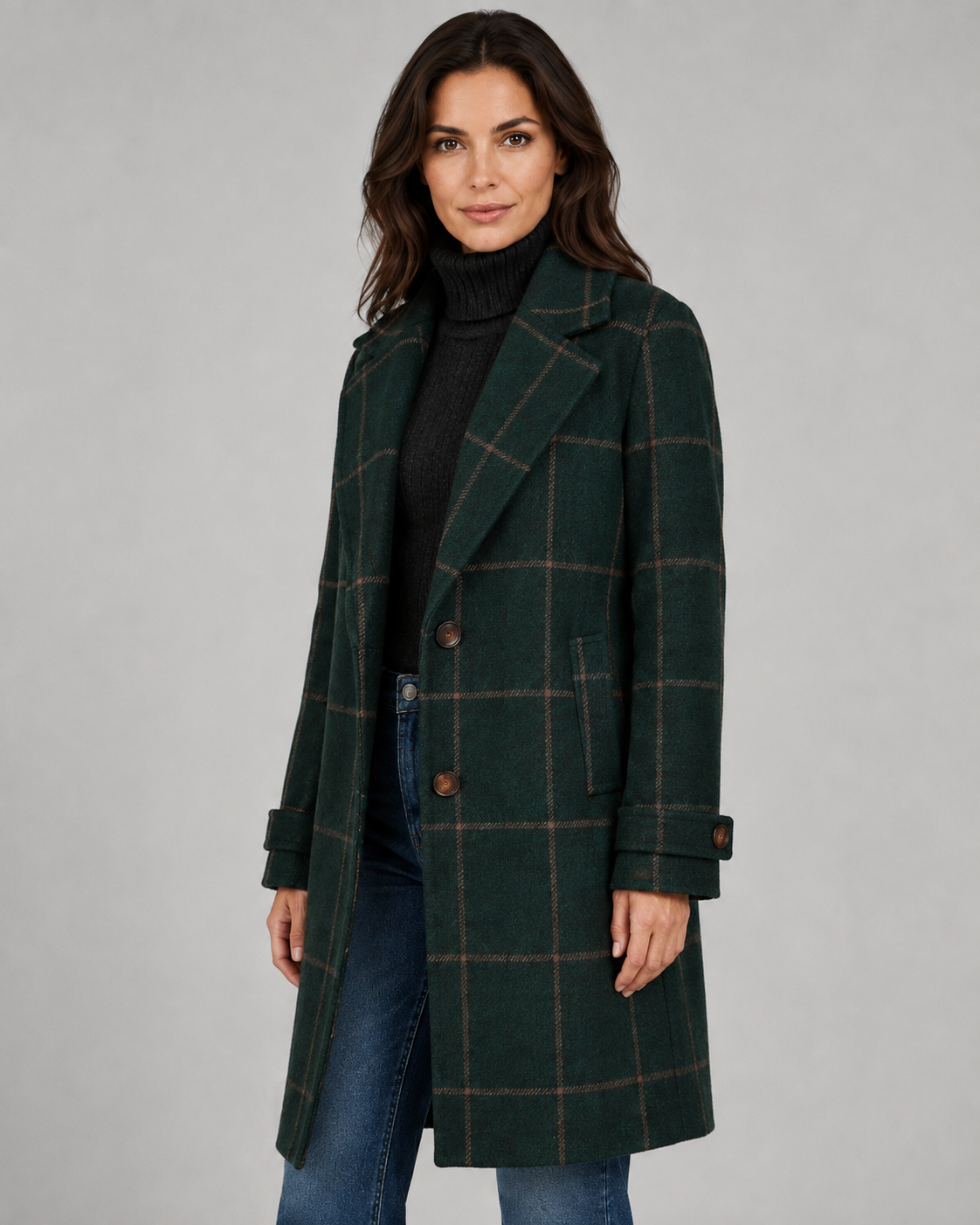 Women's Winter Coat - Long Tailored Windowpane Check Coat