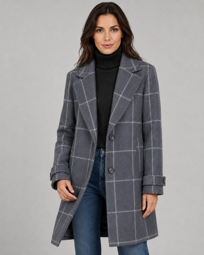 Women's Winter Coat - Long Tailored Windowpane Check Coat
