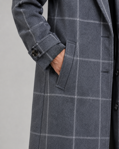 Women's Winter Coat - Long Tailored Windowpane Check Coat
