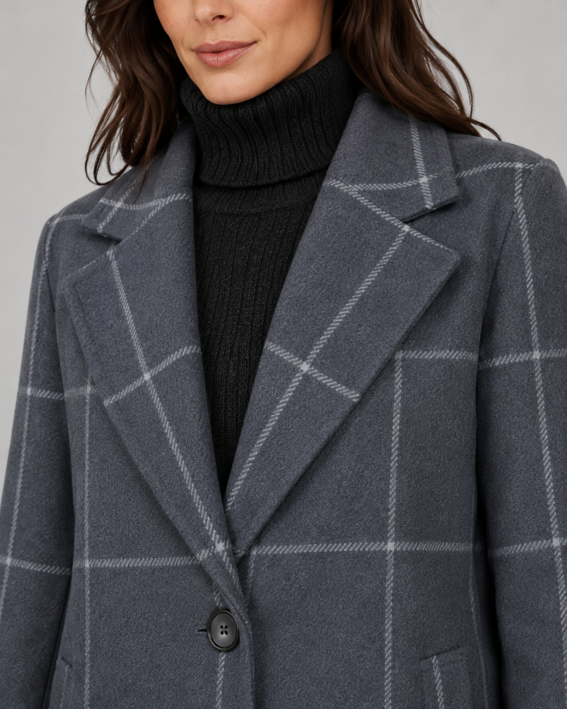 Women's Winter Coat - Long Tailored Windowpane Check Coat