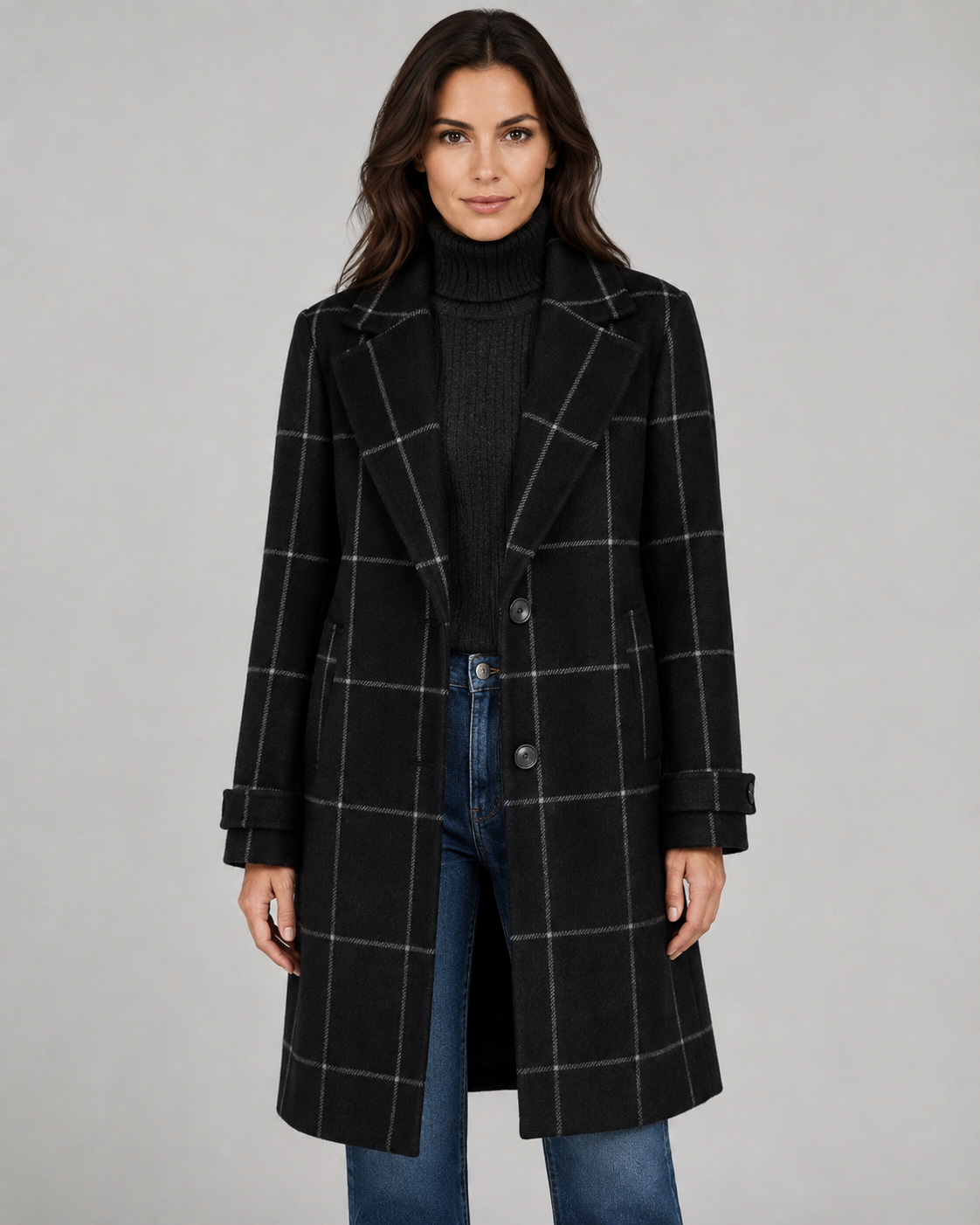 Women's Winter Coat - Long Tailored Windowpane Check Coat