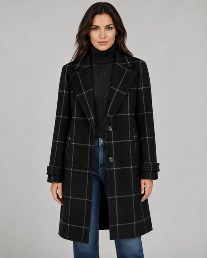 Women's Winter Coat - Long Tailored Windowpane Check Coat