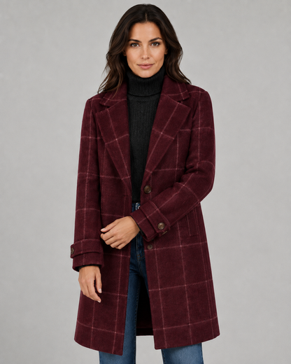 Women's Winter Coat - Long Tailored Windowpane Check Coat