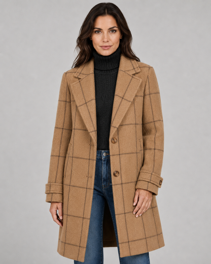 Women's Winter Coat - Long Tailored Windowpane Check Coat