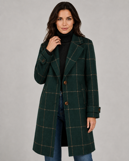 Women's Winter Coat - Long Tailored Windowpane Check Coat