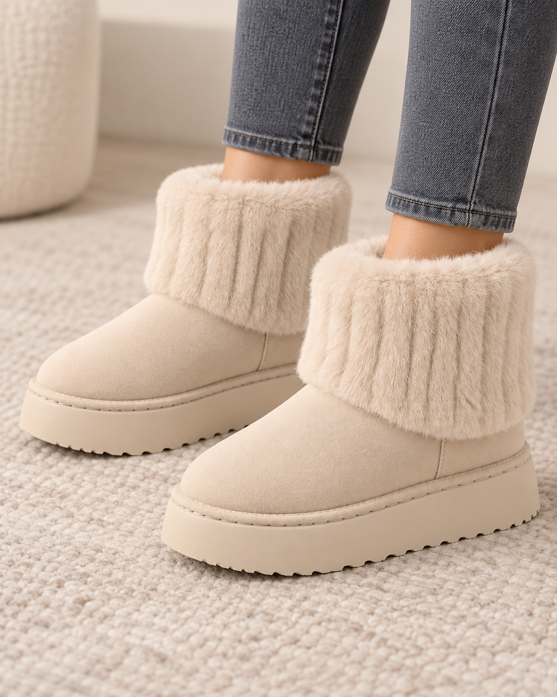 Women's Winter Ankle Boots - Plush Trim Platform Sole