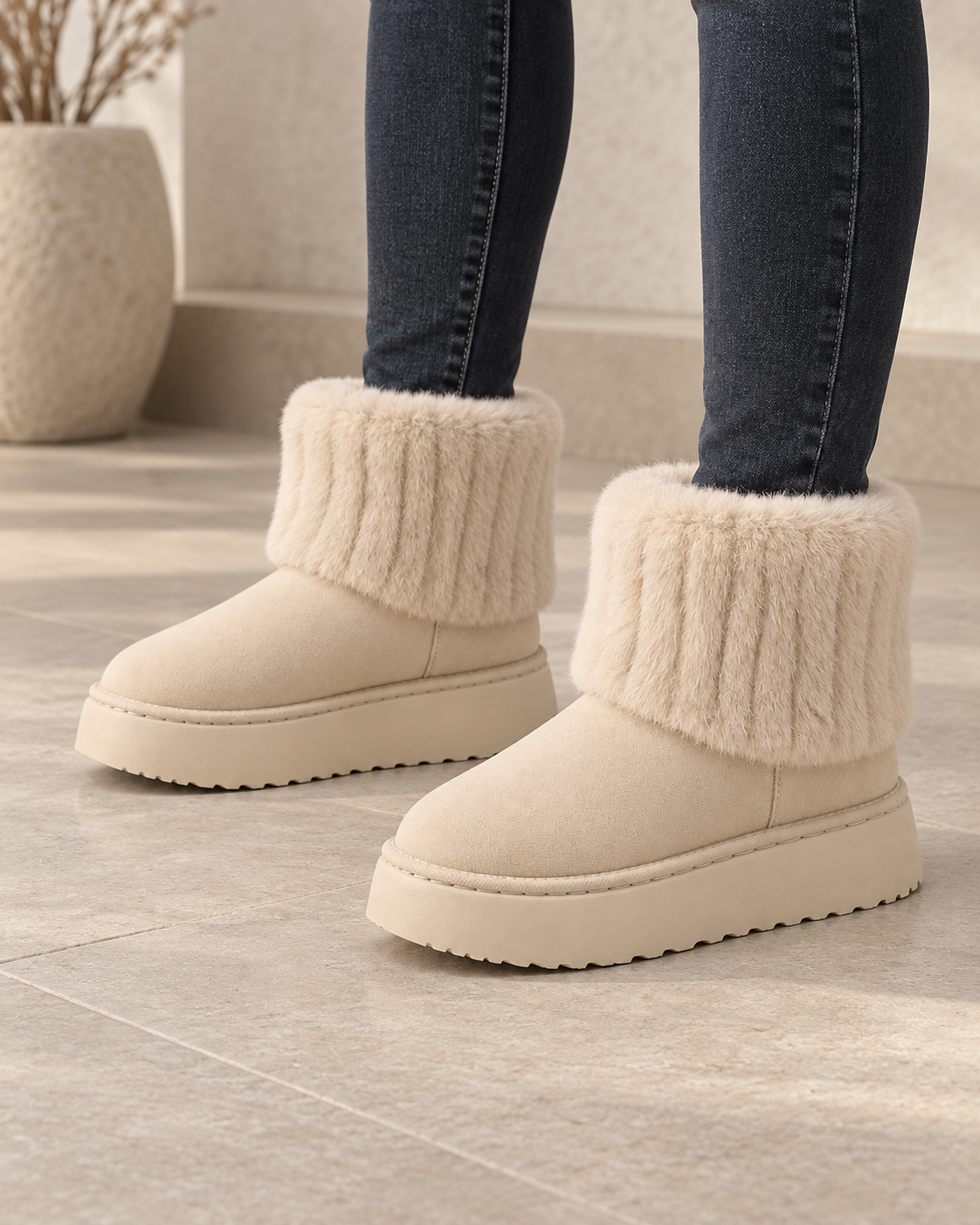 Women's Winter Ankle Boots - Plush Trim Platform Sole