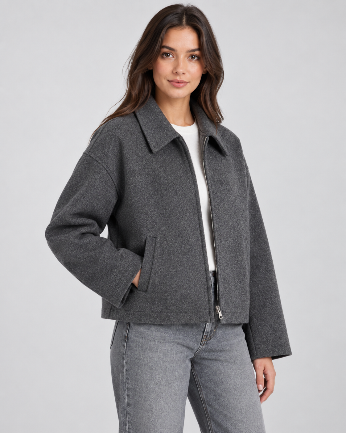 Women's Wool Look Jacket - Zip Up Casual Winter Coat