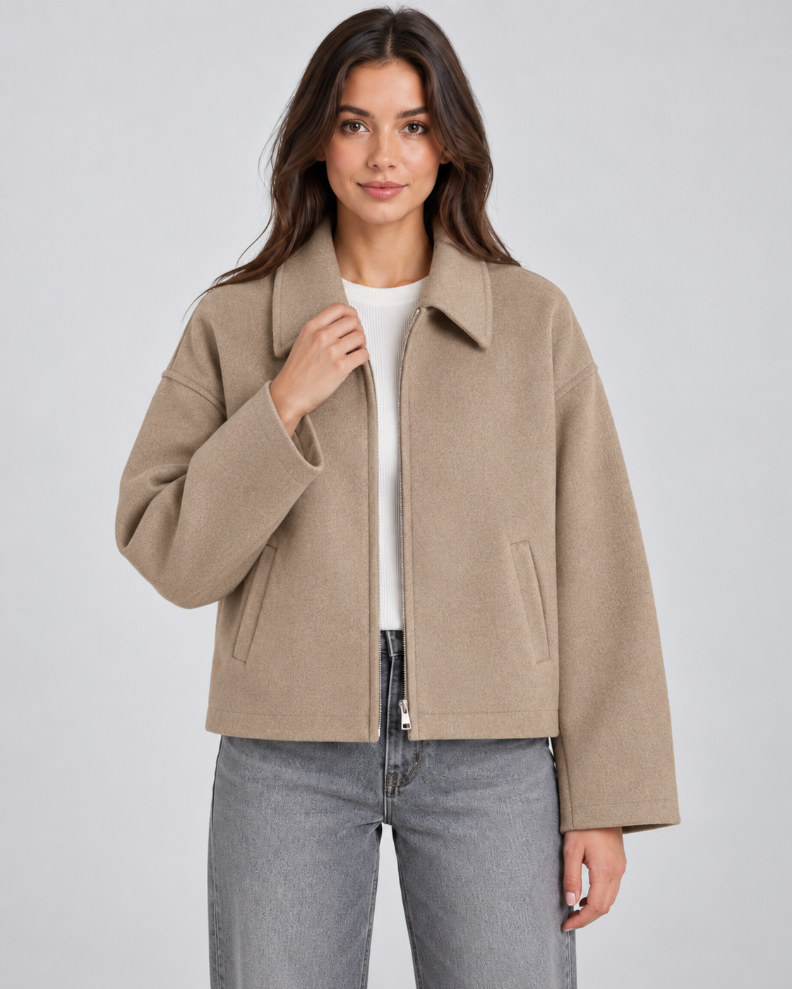 Women's Wool Look Jacket - Zip Up Casual Winter Coat