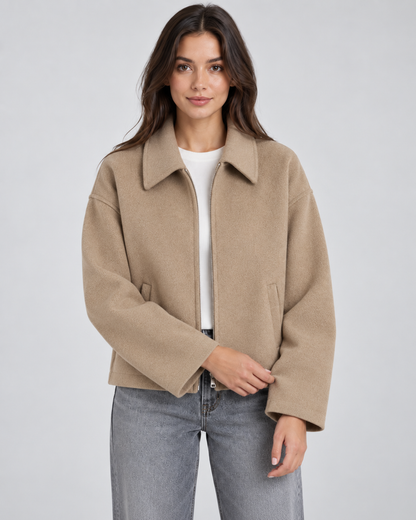 Women's Wool Look Jacket - Zip Up Casual Winter Coat