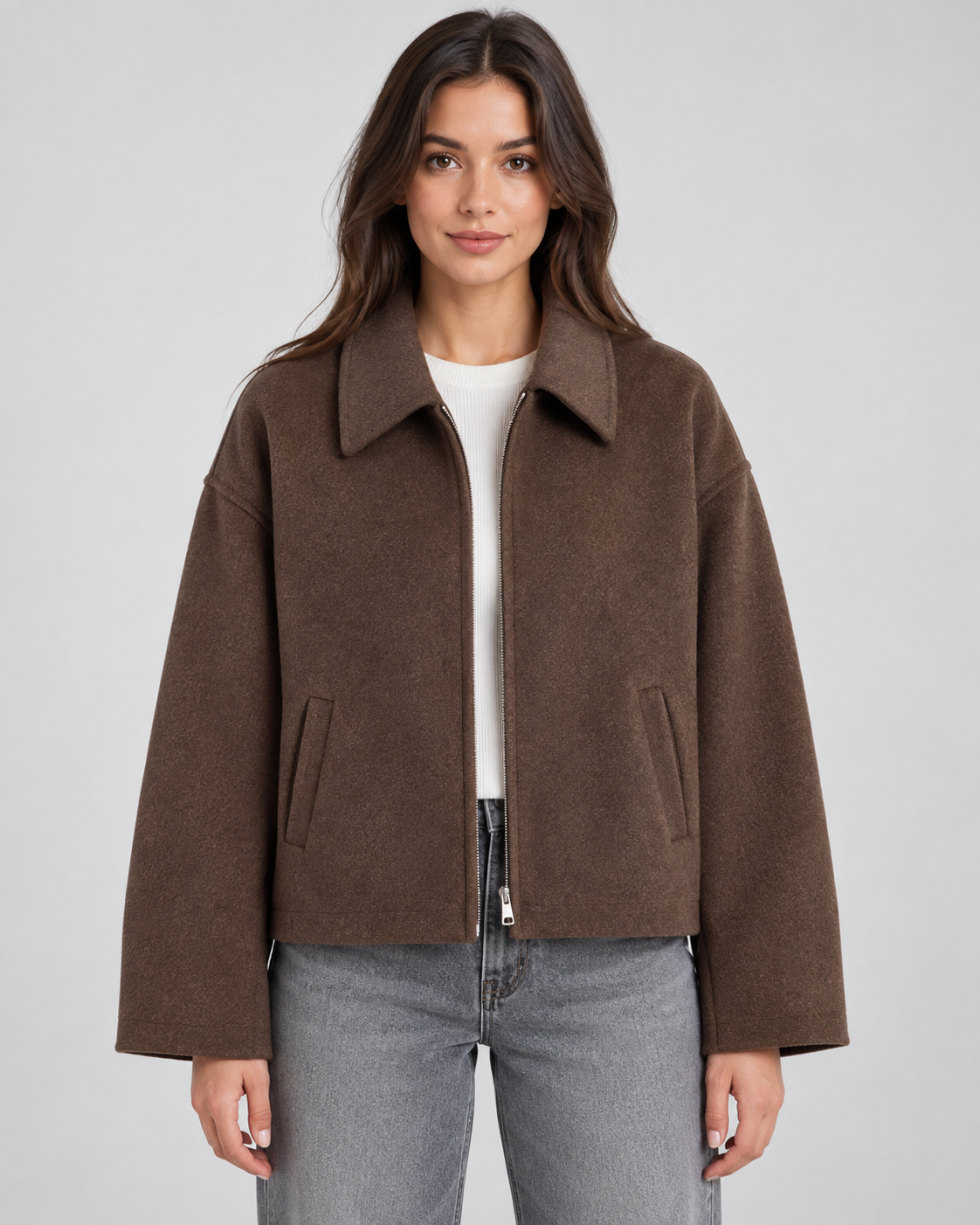 Women's Wool Look Jacket - Zip Up Casual Winter Coat