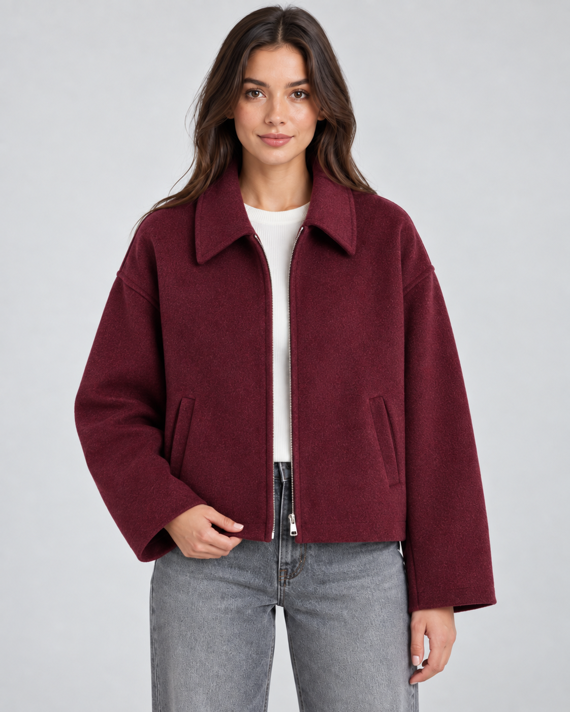 Women's Wool Look Jacket - Zip Up Casual Winter Coat