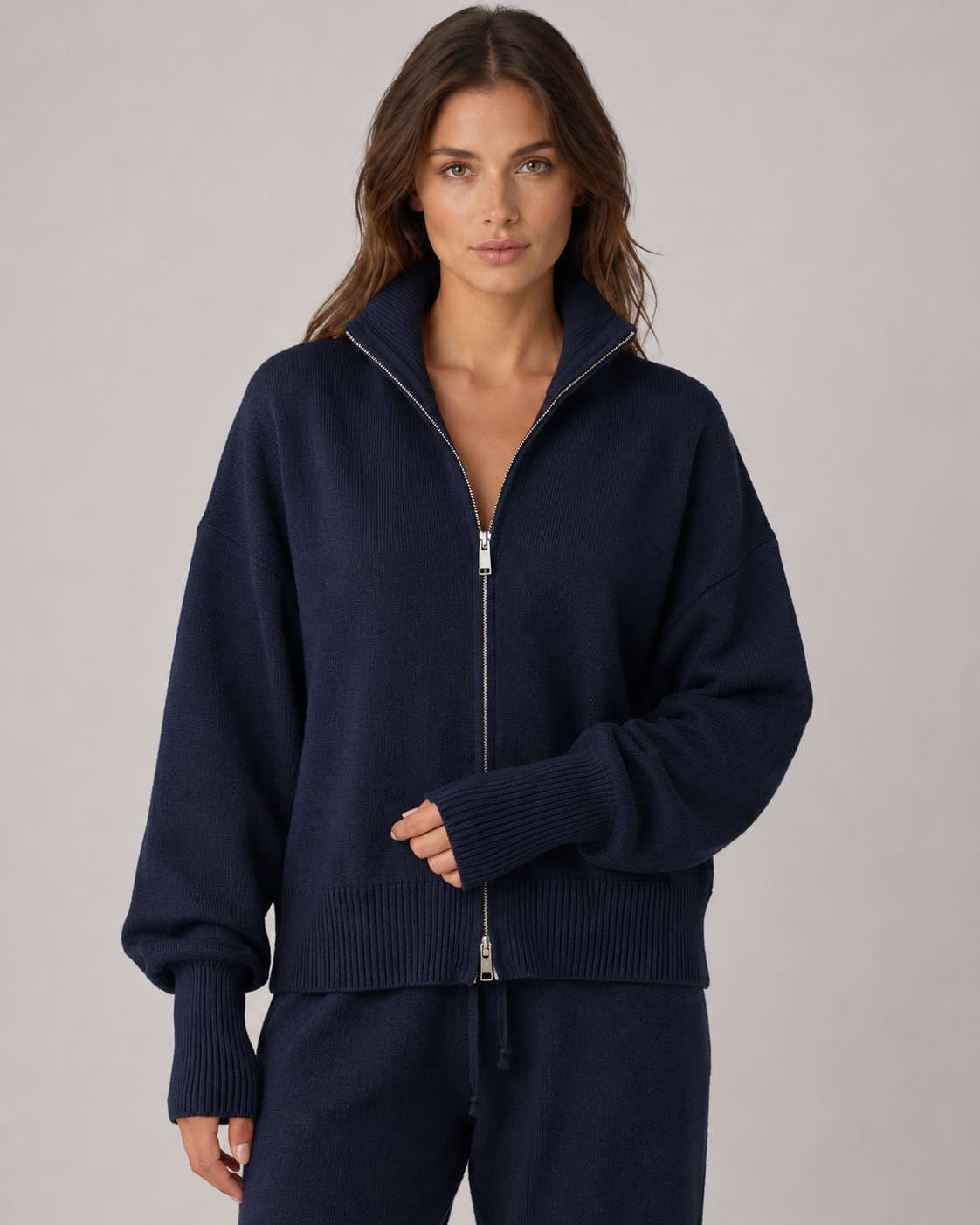 Women's Zip Up Cardigan - Funnel Neck Knit Sweater