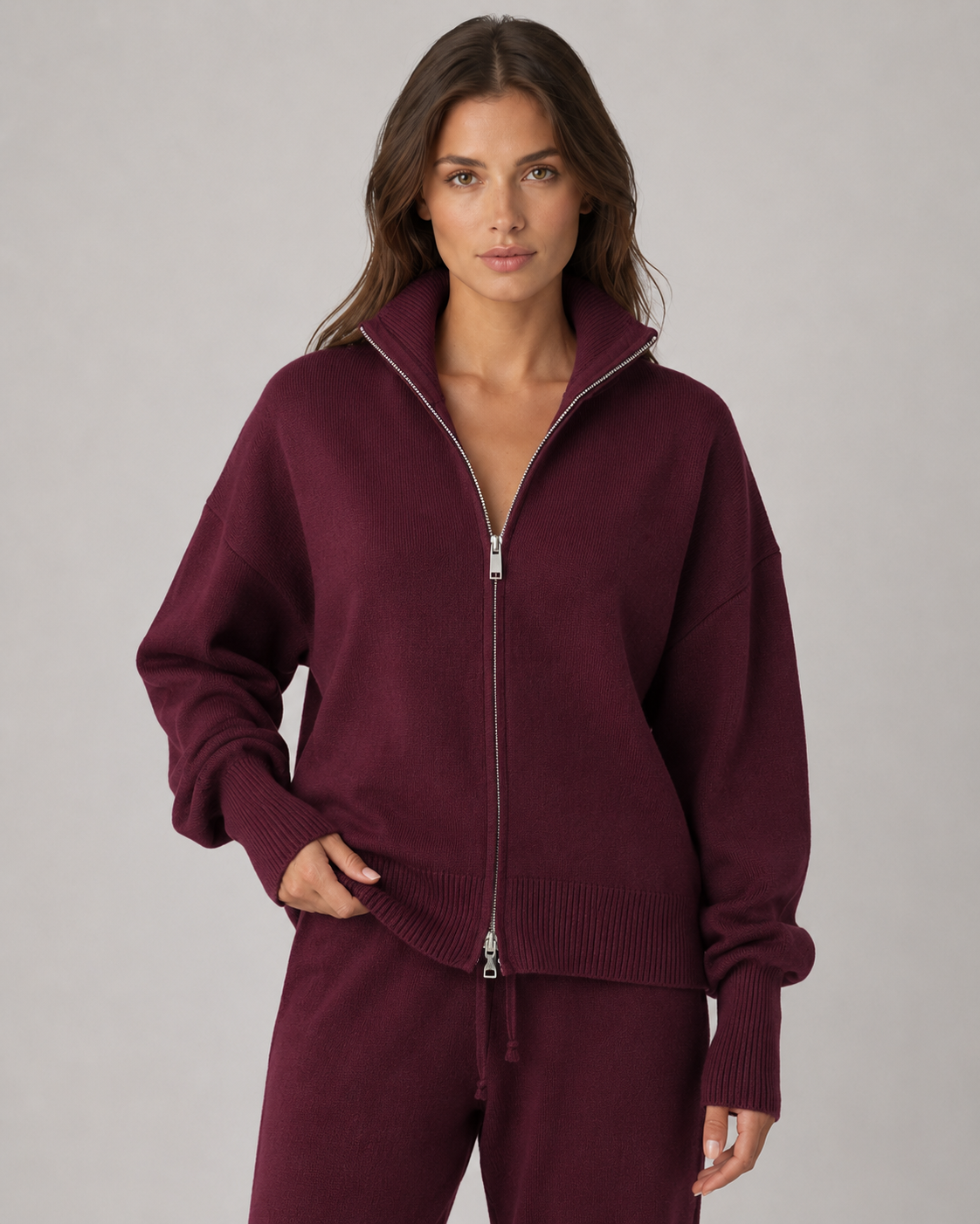 Women's Zip Up Cardigan - Funnel Neck Knit Sweater
