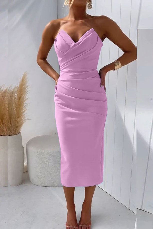 Yvette | Women's Strapless Draped Wedding Guest Midi Dress